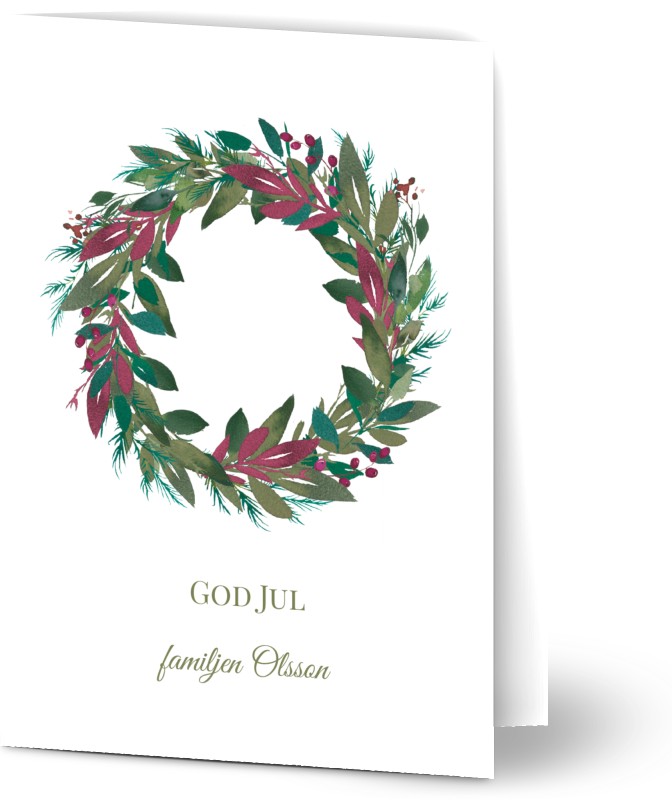 Julkort, fotokort (1 foto), bär, foliage, löv, krans, vit, moderna, A6, vikt, Optimalprint