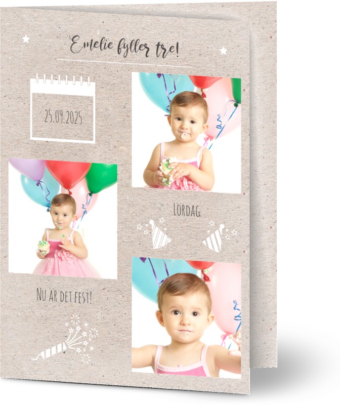 Inbjudningskort barnkalas, glansigt papper, standard-kuvert, 1 st, 3 foton, age 3, pojke, collage, flicka, handstil, papper, A6, vikt, Optimalprint