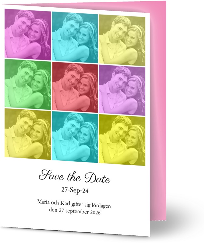 Save the Date kort, 9 foton (fotokollage), konst, ljust, pop, A6, vikt, Optimalprint