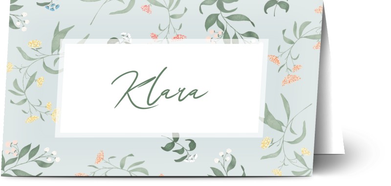 Placeringskort för dop, blommor, mönster, flicka, blå, grön, placeringskort, vikt, Optimalprint