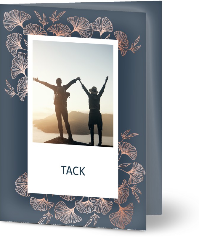 Tackkort för bröllop, glansigt papper, standard-kuvert, 1 st, 2 foton, blommig, löv, bröllop, blå, A6, vikt, Optimalprint