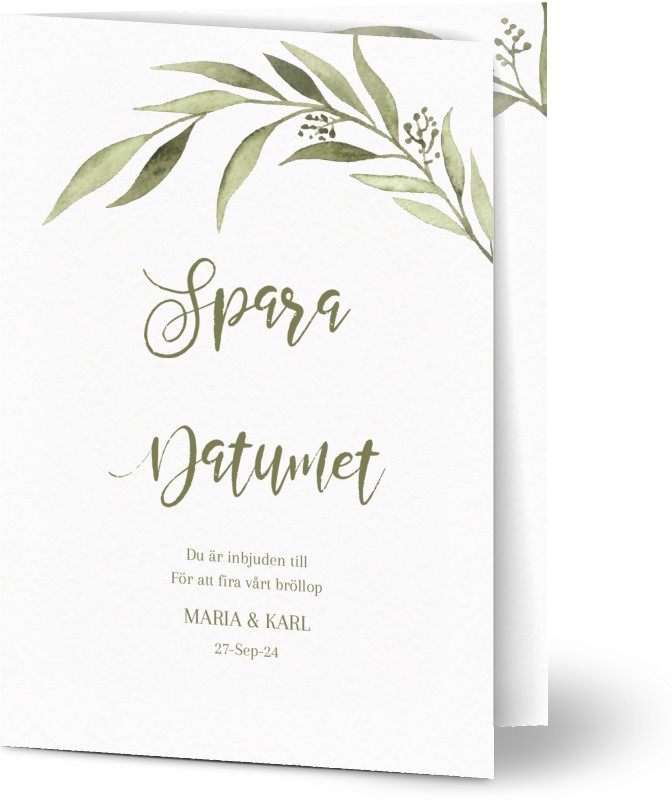 Save the Date, glansigt papper, standard-kuvert, 1 st, löv, grön, A6, vikt, Optimalprint