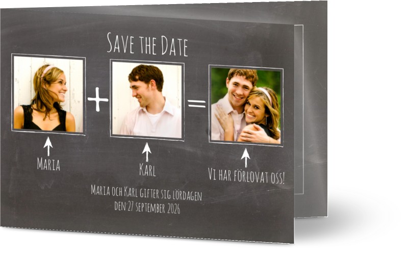 Save the Date kort, 3 foton, jämlikar, plus, summa, A6, vikt, Optimalprint