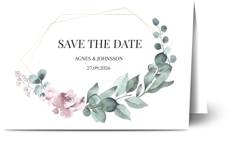 Save the Date kort, fotokort (1 foto), blommor, foliage, pastell, vit, illustrationer, moderna, A6, vikt, Optimalprint