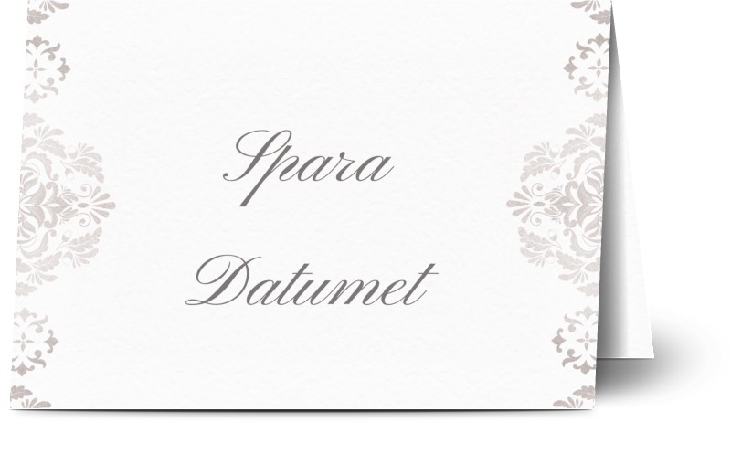 Save the Date kort, damast, eleganta, mönster, grå, silver, vit, vintage, A6, vikt, Optimalprint