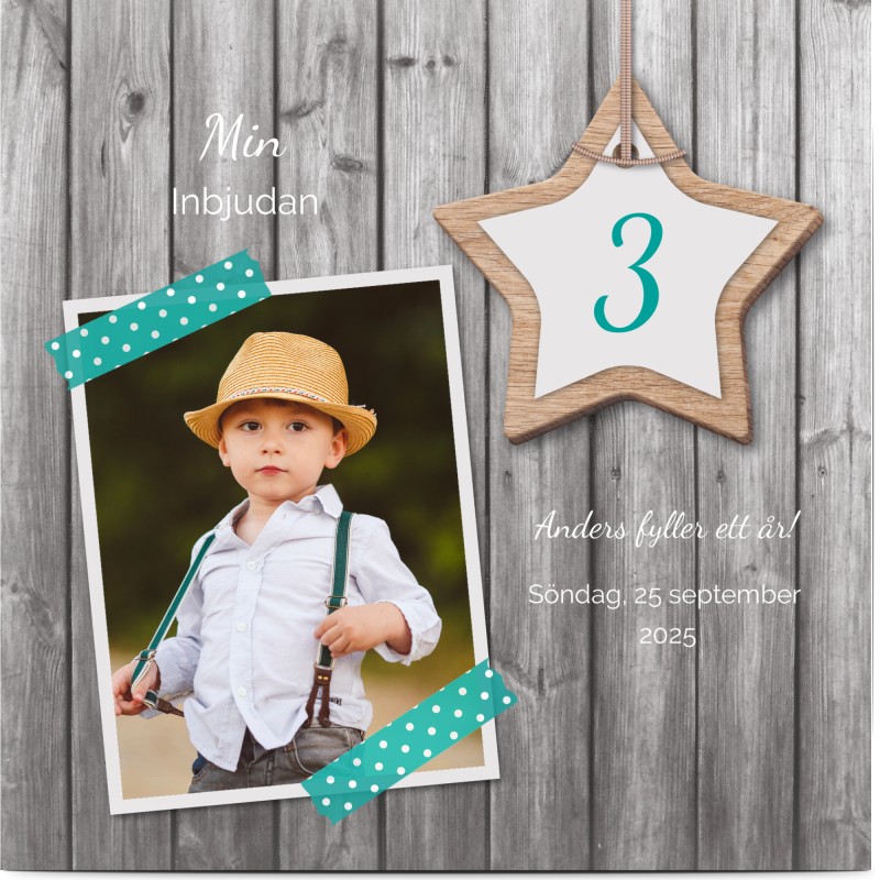 Inbjudan barnkalas, glansigt papper, standard-kuvert, 1 st, fotokort (1 foto), age 3, stjärna, trä, pojke, blå, kvadratiskt, enkelt, Optimalprint