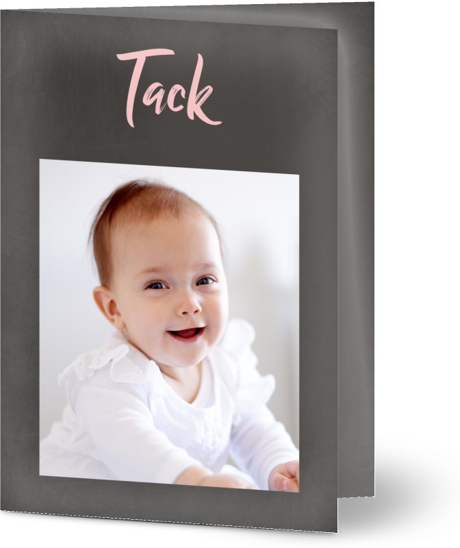 Tackkort för dop, glansigt papper, standard-kuvert, 1 st, 4 foton (fotokollage), handstil, foton, enkel, flicka, grå, rosa, A6, vikt, Optimalprint