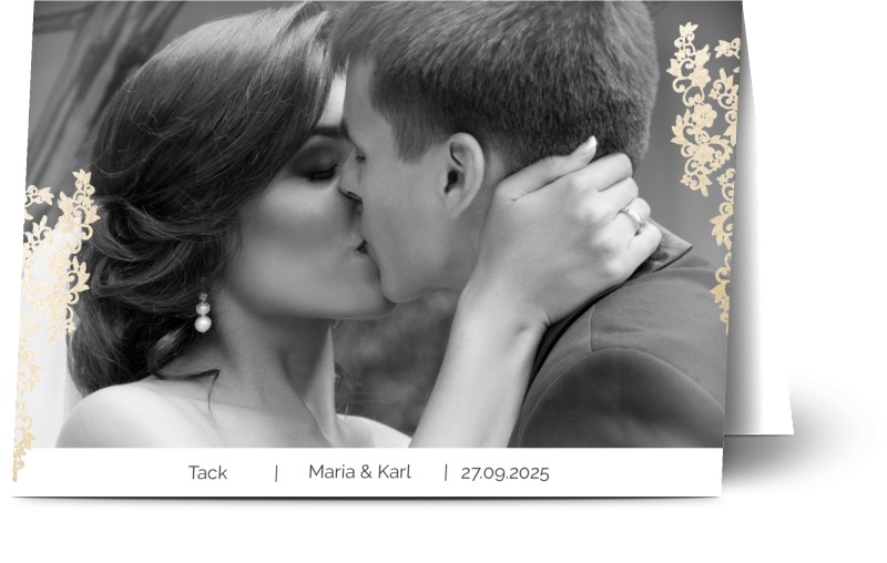 Tackkort för bröllop, glansigt papper, standard-kuvert, 1 st, fotokort (1 foto), guld, A6, vikt, Optimalprint