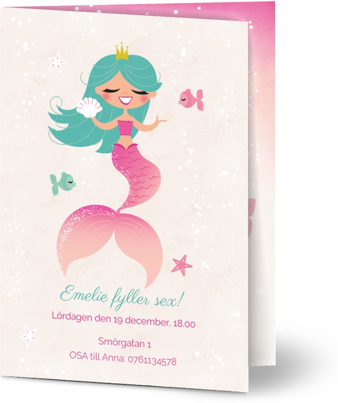 Barnkalasinbjudningar, glansigt papper, standard-kuvert, 1 st, fotokort (1 foto), fisk , sjöjungfru, hav, flicka, rosa, A6, vikt, Optimalprint