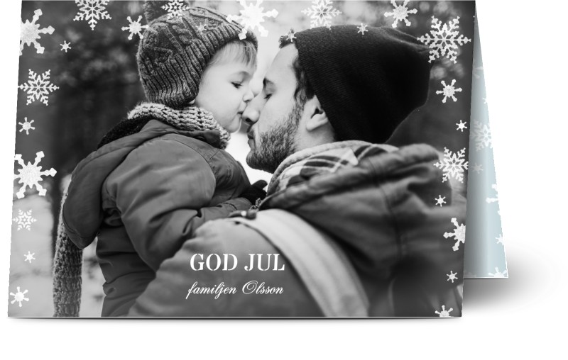 Julkort, fotokort (1 foto), ram, framed, snö, snöflinga , vit ram, blå, vit, moderna, A5, vikt, Optimalprint