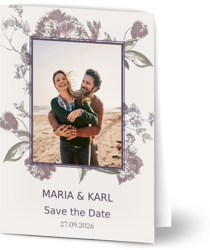 Save the Date kort, fotokort (1 foto), blommor, beige, vintage, A6, vikt, Optimalprint