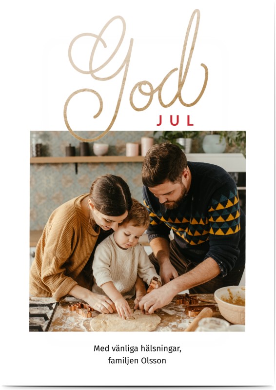 Julkort Text i guld, glansigt papper, standard-kuvert, 1 st, fotokort (1 foto), guld, röd, klassiskt, barn, A6, enkelt, Optimalprint