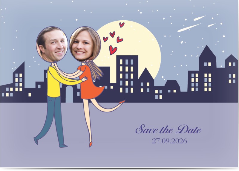 Save the Date kort, 2 foton, stad, huvud, blå, A6, enkelt, Optimalprint