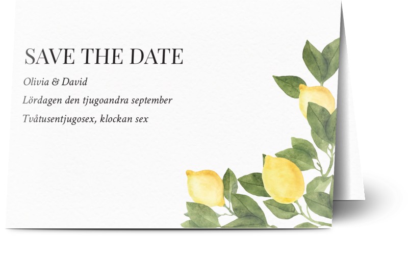 Save the Date kort, fotokort (1 foto), foliage, illustration, citron, pastellfärger, grön, gul, A6, vikt, Optimalprint