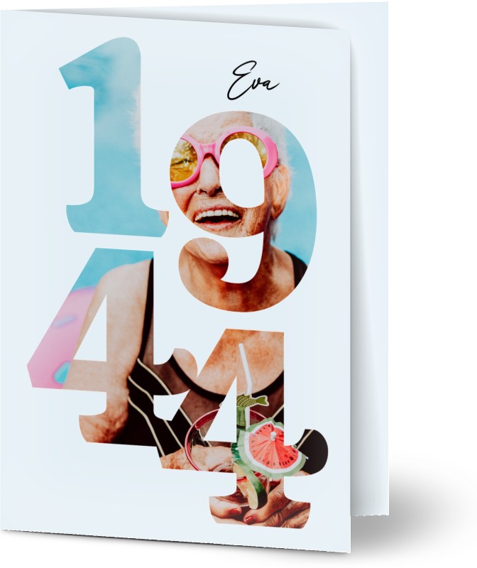 Inbjudan 80 årsdag, glansigt papper, standard-kuvert, 1 st, 2 foton, 80, stor, tal, nummer, blå, vit, gul, modernt, A6, vikt, Optimalprint