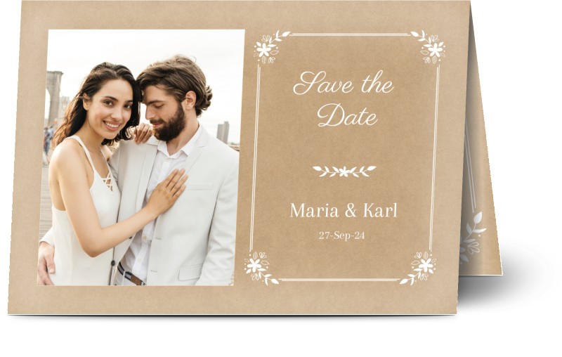 Save the Date kort, 2 foton, blommor, natur, papper, tekstur, strukturpapper, vit ram, vit, rustik, A6, vikt, Optimalprint
