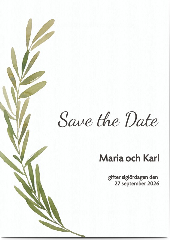 Save the Date kort, löv, målad, grön, A6, enkelt, Optimalprint