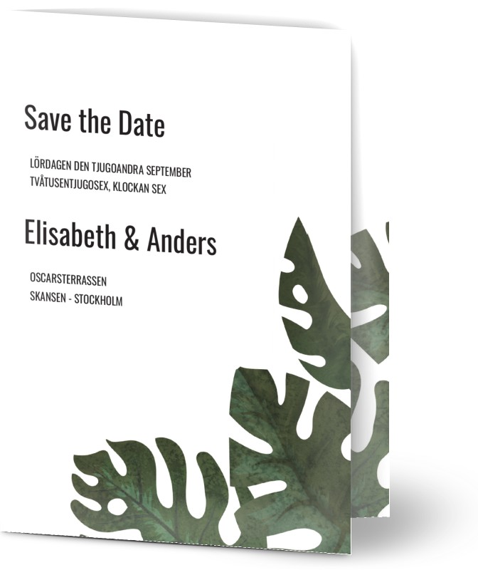 Save the Date kort, fotokort (1 foto), foliage, illustration, löv, tropisk, pastellfärger, grön, vit, A6, vikt, Optimalprint