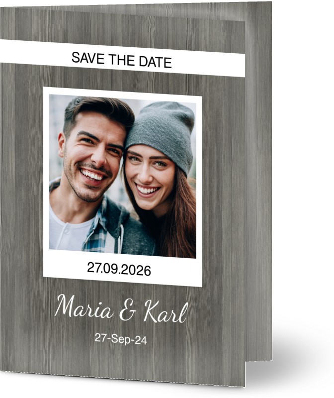 Save the Date kort, fotokort (1 foto), polaroid, trä, grå, moderna, rustik, A6, vikt, Optimalprint