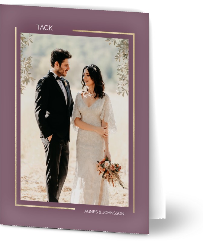 Tackkort för bröllop, glansigt papper, standard-kuvert, 1 st, 2 foton, ram, enkel, burgundy, violett, klassiskt, A6, vikt, Optimalprint