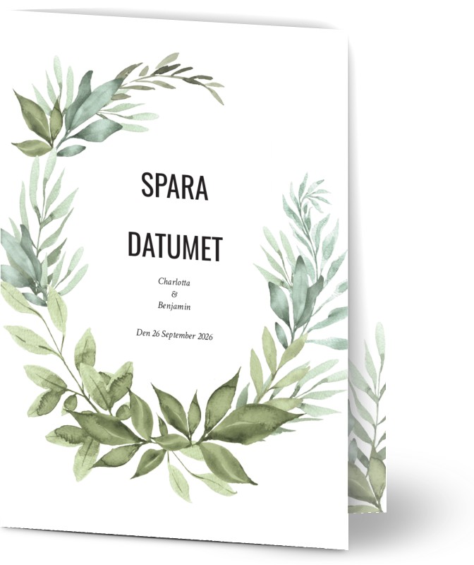 Save the Date, fotokort (1 foto), foliage, illustration, löv, pastellfärger, krans, grön, vit, A6, vikt, Optimalprint