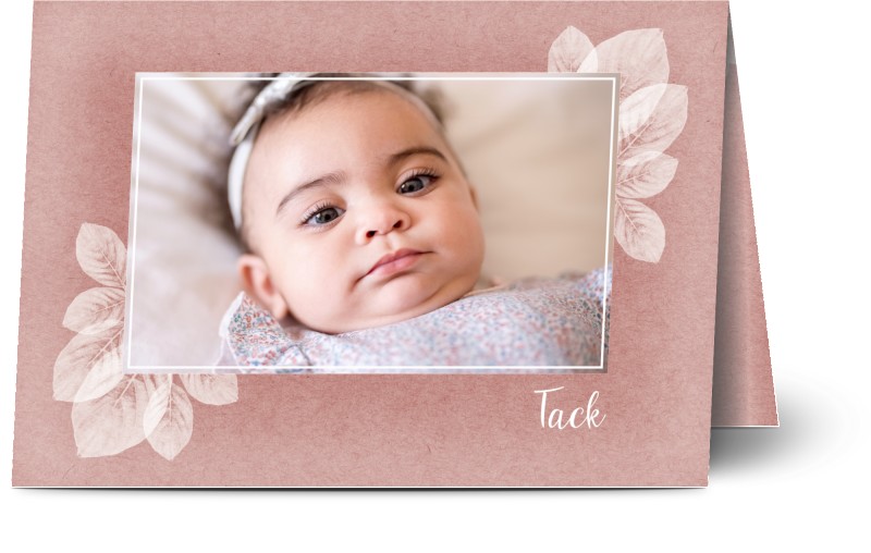 Tackkort för dop, 2 foton, konstpapper, kronblad, söt, flicka, grå, rosa, moderna, A6, vikt, Optimalprint