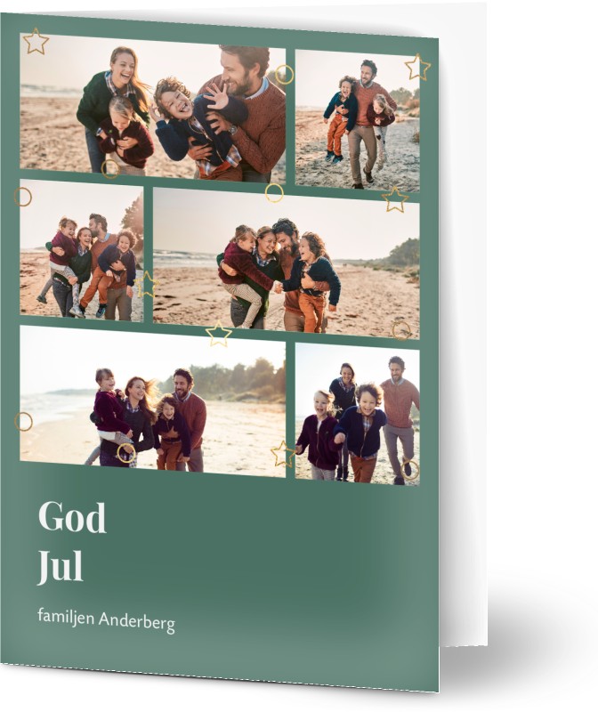 Julkort, glansigt papper, standard-kuvert, 1 st, 8 foton (fotokollage), jul, cirkel, familj, foton, enkel, stjärnor, blå, A6, vikt, Optimalprint