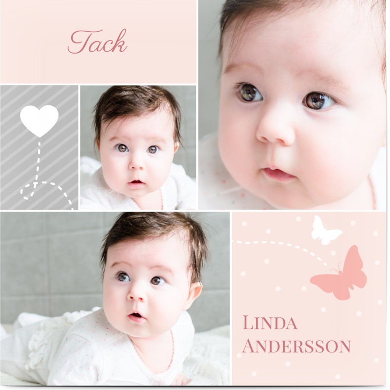 Tackkort för dop, glansigt papper, standard-kuvert, 1 st, 3 foton, fjärilar, prickar, photostream, ränder, kvadratiskt, enkelt, Optimalprint